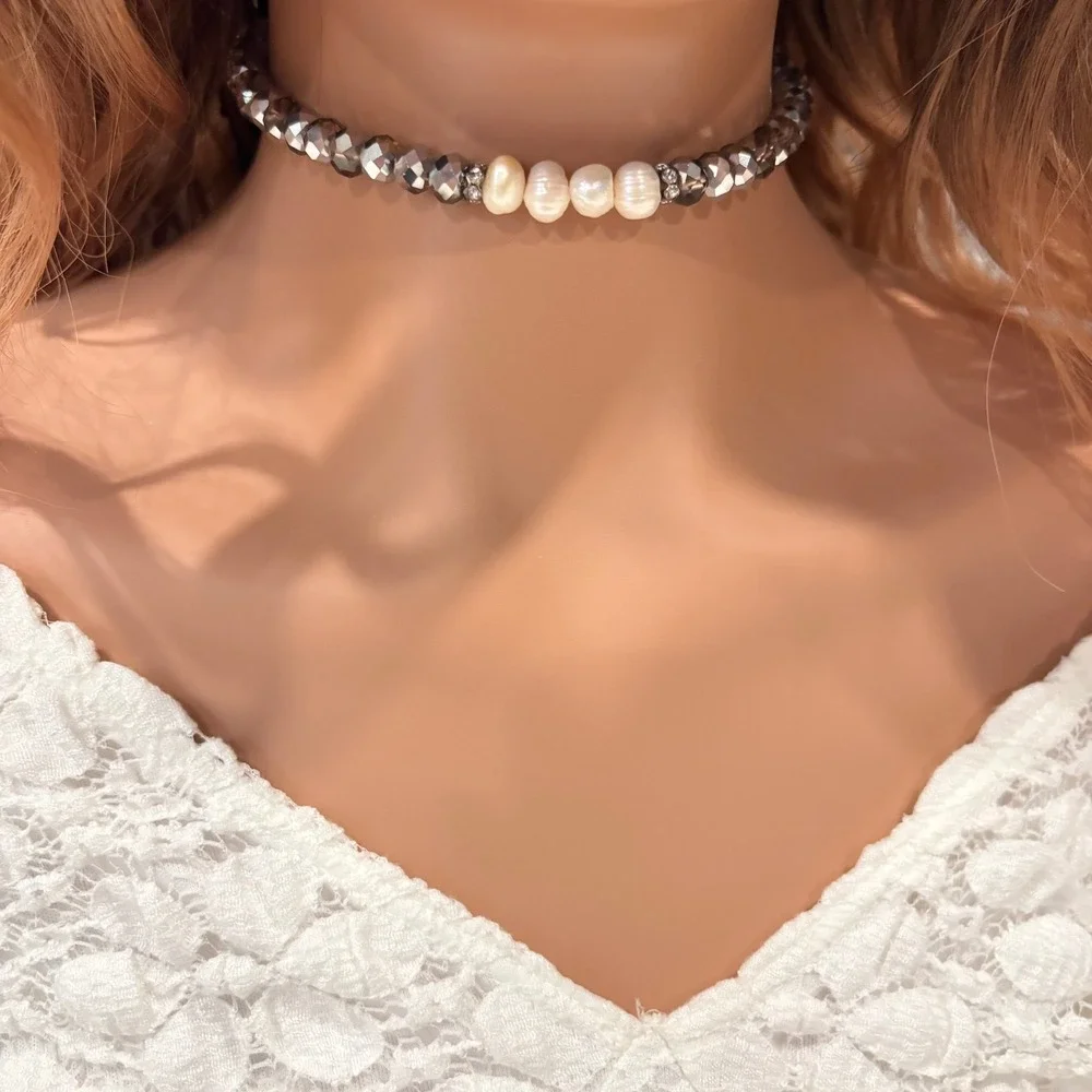 Pearl Beaded Choker Necklace Crystal‎ Glass Coquette Ballet Feminine Boho 20663